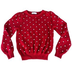 H&M Textured Knit Sweater 6X/7 Red White Polka Dots Puff Sleeves GUC